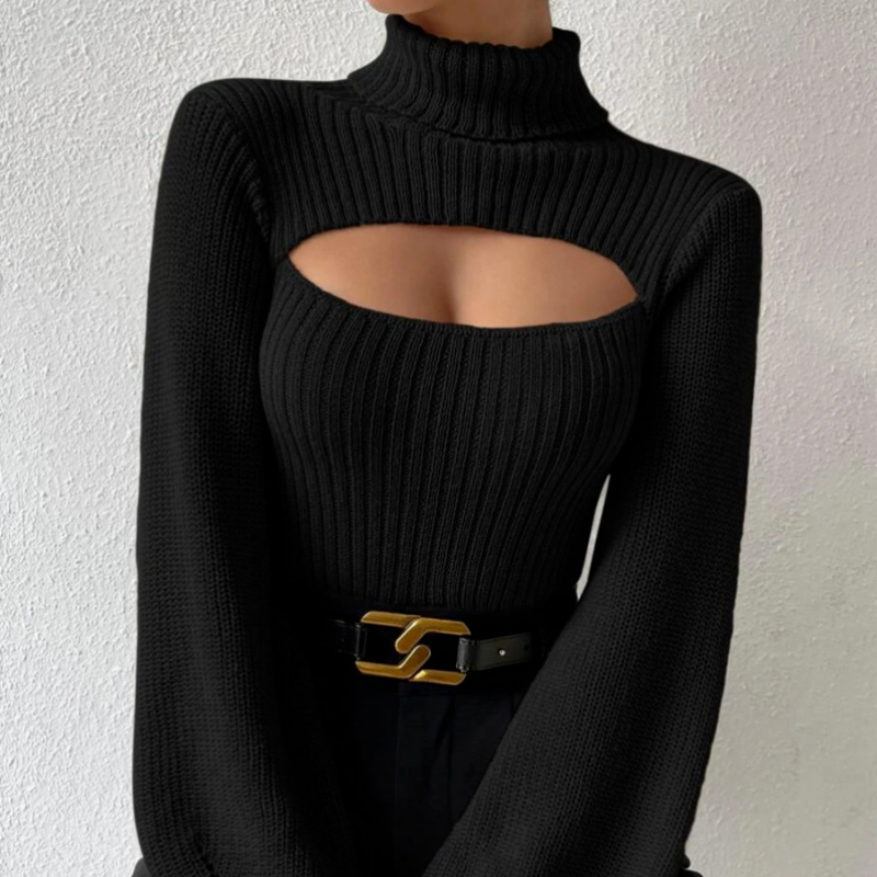 Suéter Sexy de Manga Larga para Mujer, Estilo Europeo y Americano, para Comercio Transfronterizo, Primavera y Otoño, Cuello Alto Calado, Tejido de Punto image 9