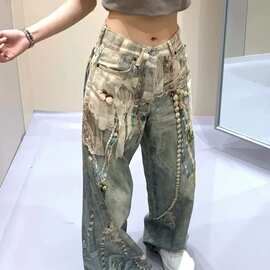 翎华纪 正确版 时髦小众 3D打印蕾丝珍珠印花链条直筒长裤女