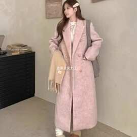 韩系加厚粉色呢子大衣秋冬2025赫本新款气质呢子西装外套氨纶