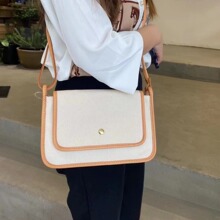 真皮小方包文艺小众设计感植鞣皮帆布拼接单肩斜跨原创女包包通勤