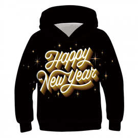 欧美外贸跨境热销3D数码印花新年快乐happy new year童装连帽卫衣