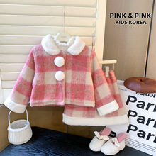 【pink】冬季新款女童韩版毛呢格子夹棉小香风外套短裙二件套装潮