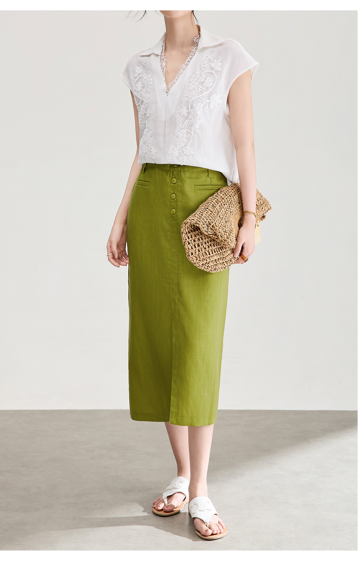 Chân váy xếp ly nữ xòe chất liệu tencel linen thoáng mát — Màu gai dầu thô chi tiết 11