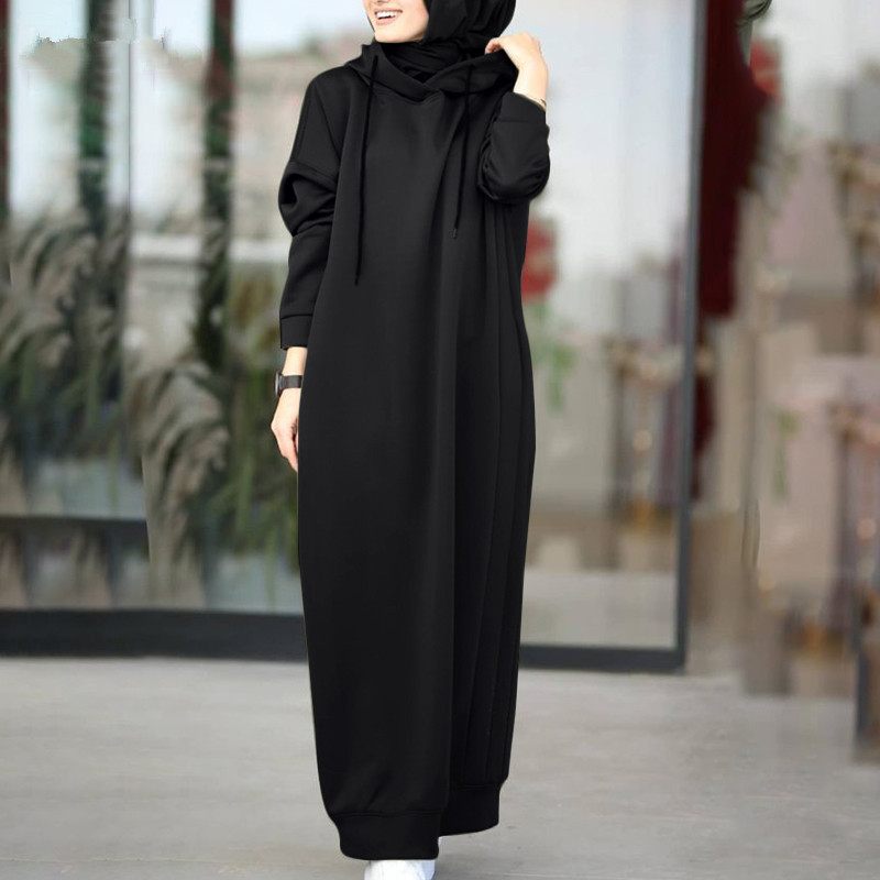 ムスリムの秋の婦人服の純色の毛の綿毛の布は帽子をつないでひものゆったりしているカジュアルなポケットの長袖の女性のカーディガンの女性を引き出します。|undefined