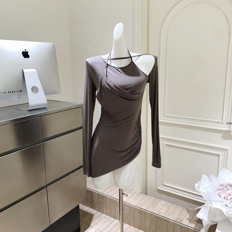 Zhang Yuanying's Same Style Gray One-Shoulder Halter Neck Long-Sleeve Off-Shoulder T-Shirt Slim-Fit Korean-Style Top