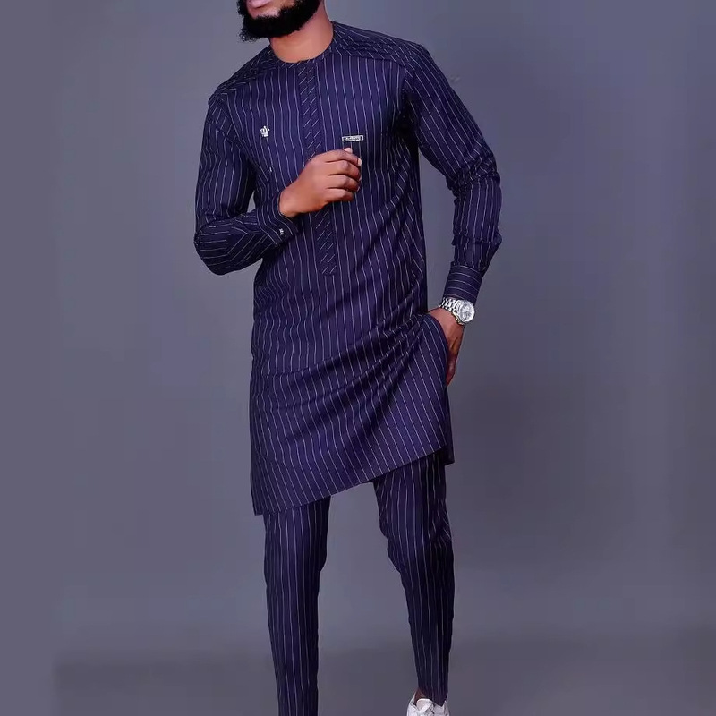 New Cross-border Foreign Trade African Men's National Style suit Striped Long-sleeved Set 2-piece Holiday Wedding Men's suit