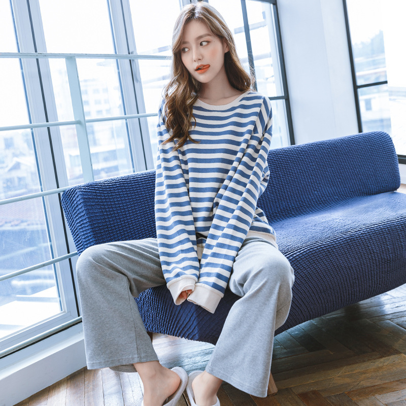 Pure Cotton Pajamas for Women in Autumn and Winter Round Neck Long-Sleeved Stripesd Suit Pure Cotton Korean Style Large Size Slimming Look Home Clothes Can Be Worn Outside