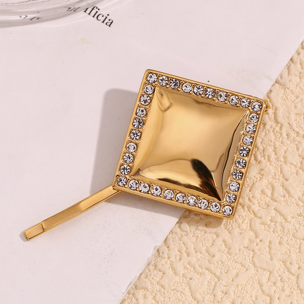 Unisex Mode einfache geometrische Design Haarschmuck Edelstahl vergoldet glatte quadratische Kante Diamant Haarnadel_voghion.com