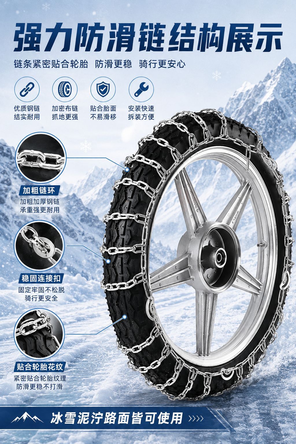 Two-Wheeled Motorcycle Anti-Skid Chains, Thickened and Encrypted, for Mud, Mountain Roads, and Snow, Electric Vehicle Tire Anti-Skid Chains Manufacturer