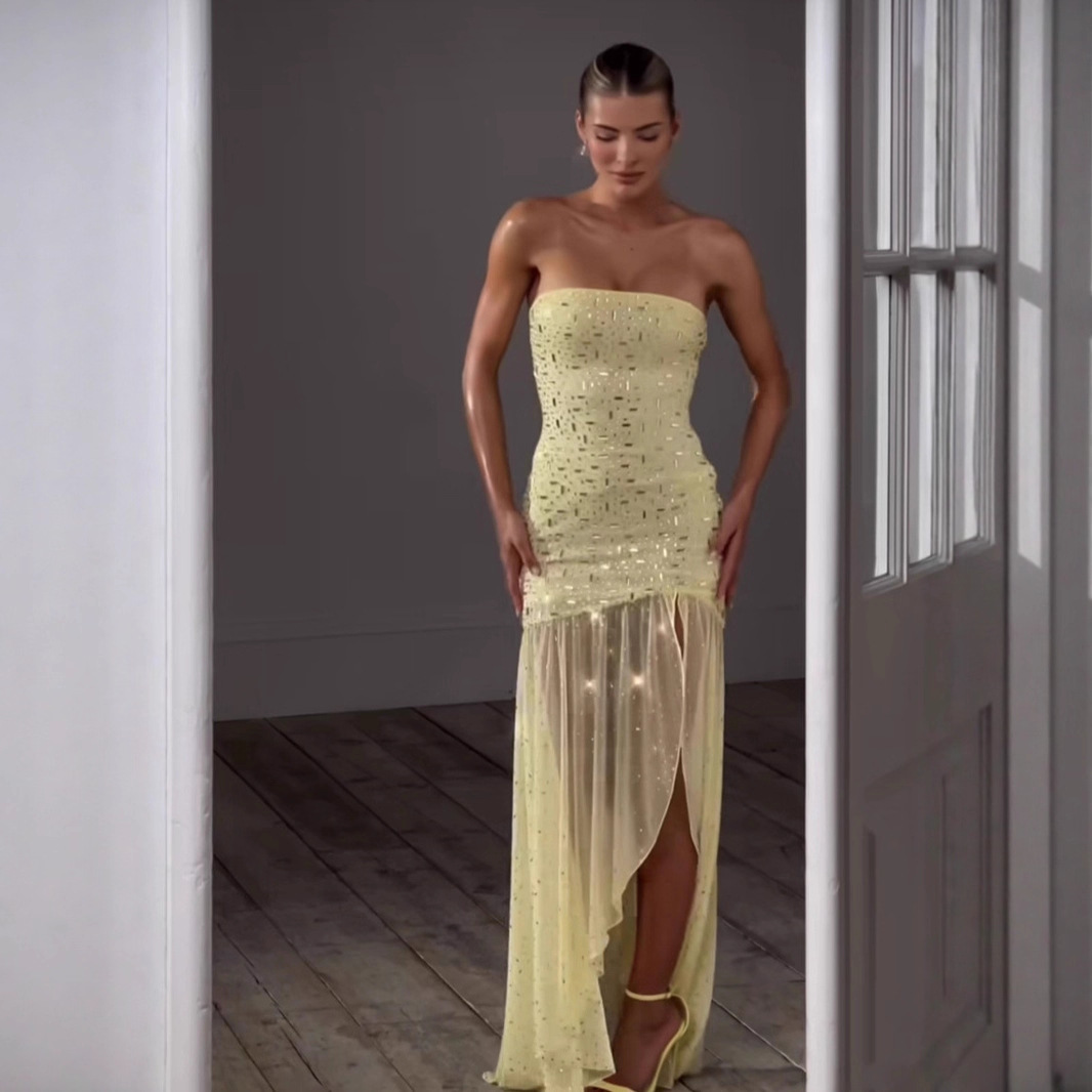 In-Stock Foreign Trade Ohpolly High-End Boutique Fashionable Rhinestone Strapless Waist-Cinching Sleeveless Slit Evening Dress