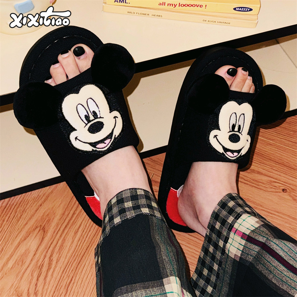 细细条 正版联名款棉麻拖鞋情侣趣味米奇春夏男女居家吸汗地板鞋