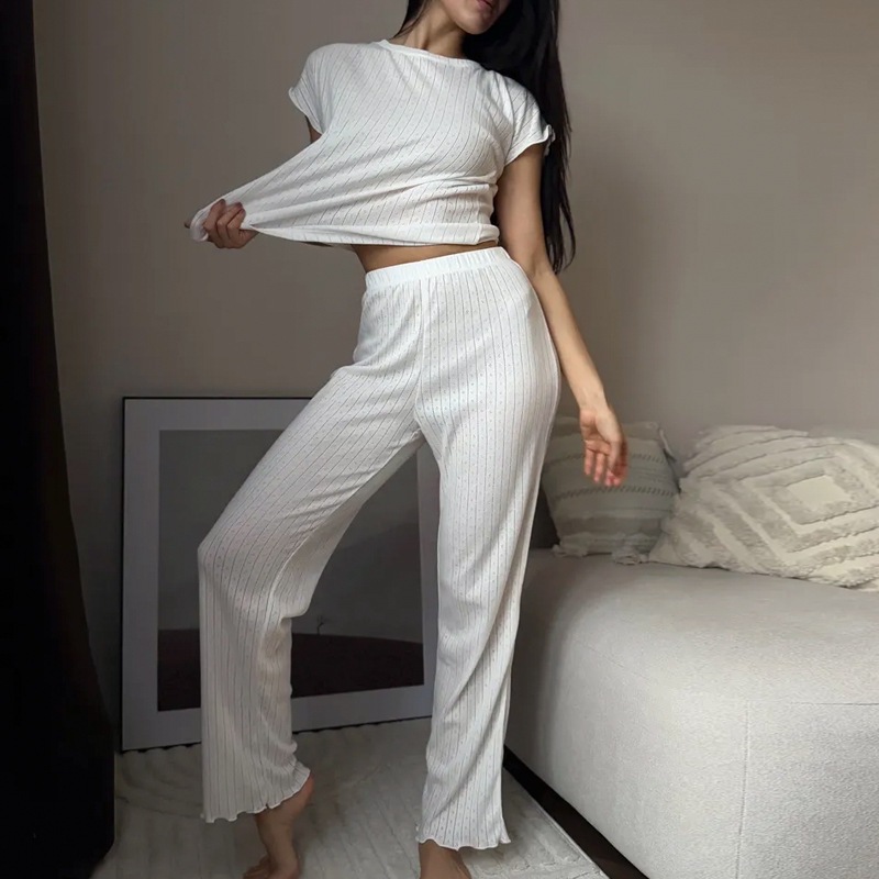 Conjunto de pijama de manga corta y pantalón largo de jacquard transpirable y cómodo para mujer, colección primavera 2026 - Conjunto de dos piezas - Regalo ideal para las fiestas_voghion.com