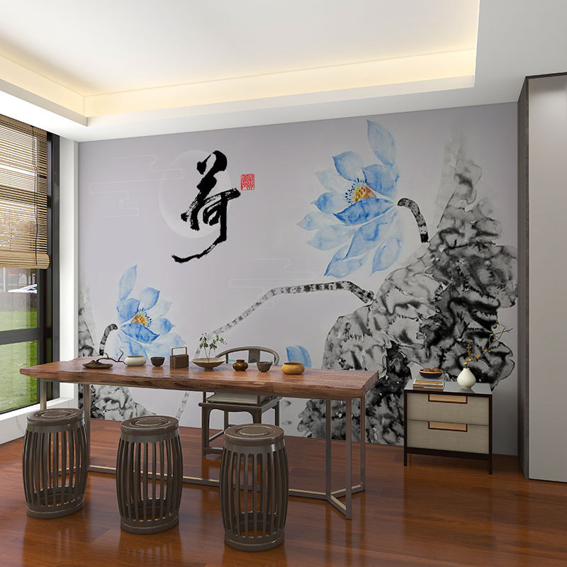 壁画3d立体中式意境荷花电视背景墙壁纸客厅壁布装饰墙布墙纸|undefined