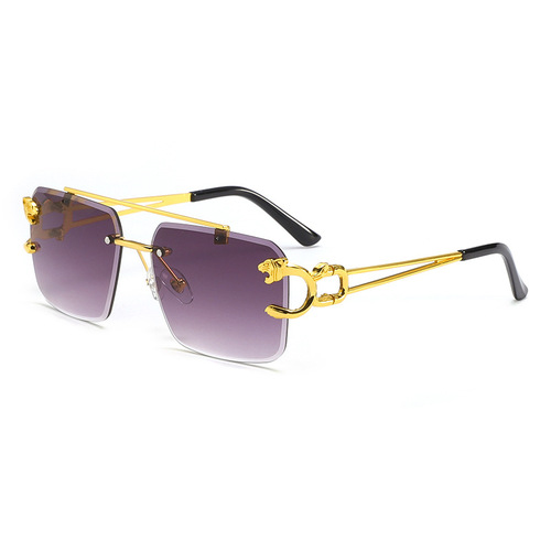 Unique Niche Double-Bridge Rimless Sunglasses with Diamond-Edge Design, Fashionable Retro Leopard-Head Decorative Sunglasses for Men and Women