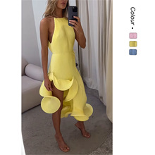 现货不规则荷叶边25年欧美跨境夏款性感无袖系带修身连衣裙68805