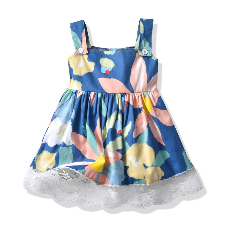 Vestido de princesa pastoral para niñas de comercio exterior 2025 verano nuevo estilo vestido de estampado de tirantes de algodón falda de encaje de moda