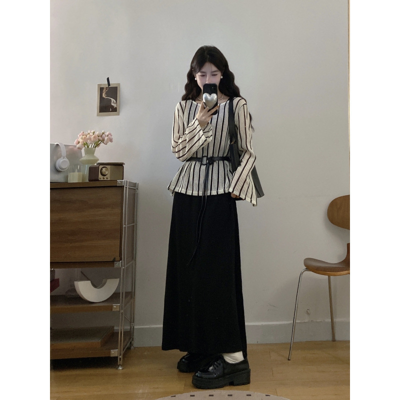 2025大码女装胖mm秋季配搭一整套宽松长袖上衣背带裙遮肚子两件套|undefined