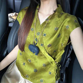 高端轻奢汉服元素改良年轻款小道袍新中式绿色提花衬衫女夏季唐装