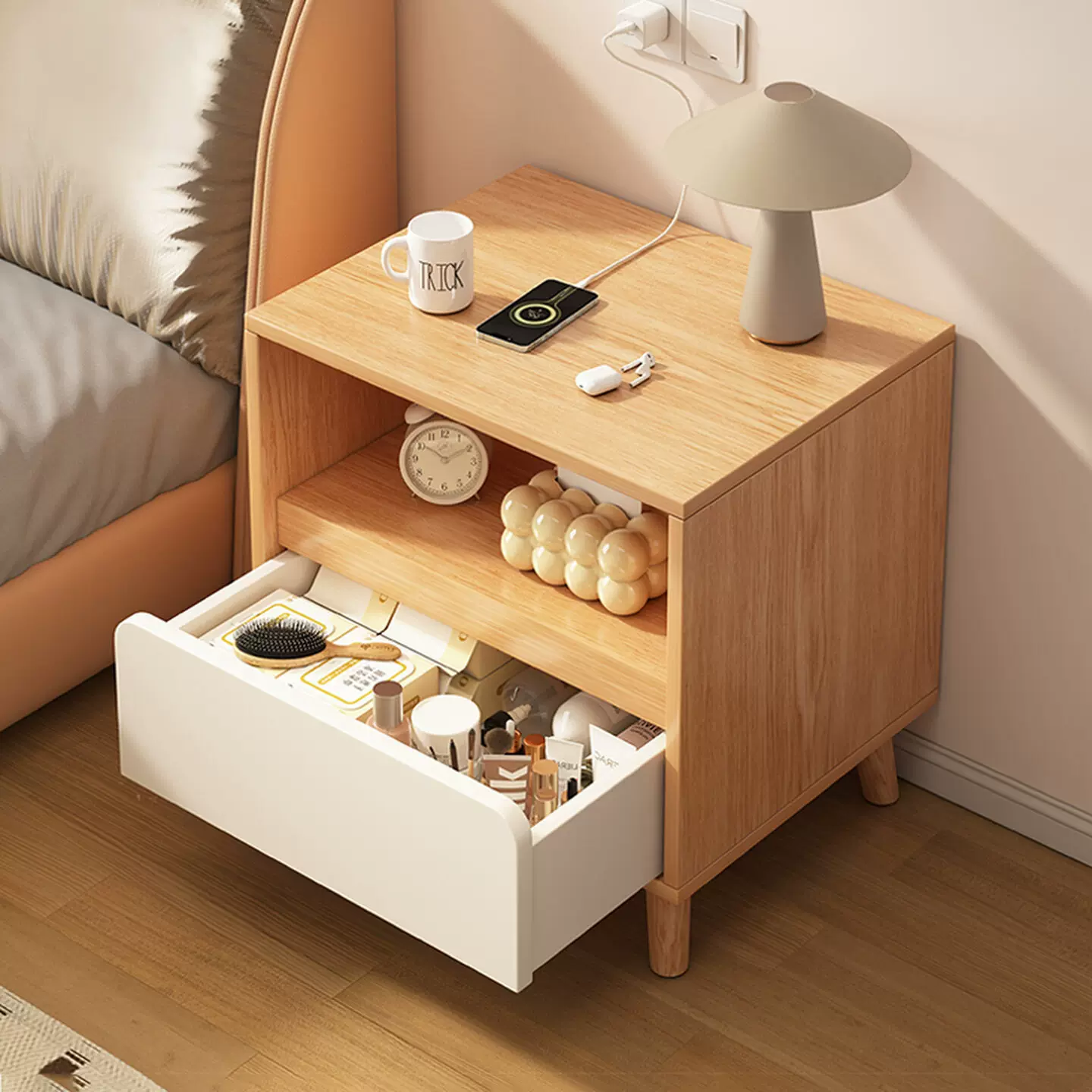 床头柜家用卧室带抽屉收纳柜小型实木腿床边柜储物边几迷你小型