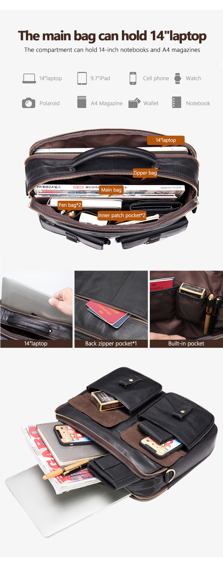 Túi đeo chéo nam da bò cao cấp công suất lớn đựng laptop 14 inch — màu đen, nâu đỏ, 35cm*7cm*30cm chi tiết 14