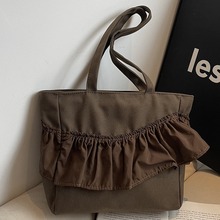 韩版褶皱花边托特包包女2024秋季新款高级感大容量帆布单肩腋下包