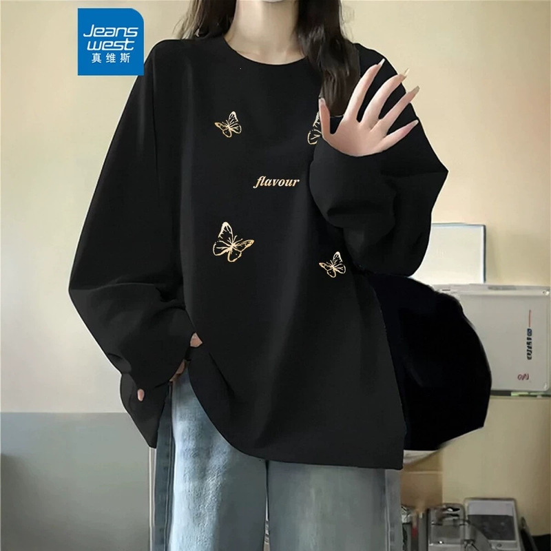 Jeanswest Black American Style Sports Pure Cotton Long Sleeve T-Shirt for Women 2026 Early Autumn New Large Size Loose Casual Top X Jeanswest Black American Style Sports Pure Cotton Long Sleeve T-Shirt for Women 2026 Early Autumn New Large Size Loose Casual Top X
