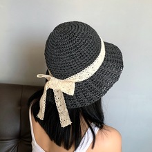 韩版夏天蕾丝蝴蝶结手工钩针草帽小沿可折叠帽子女出游沙滩遮阳帽