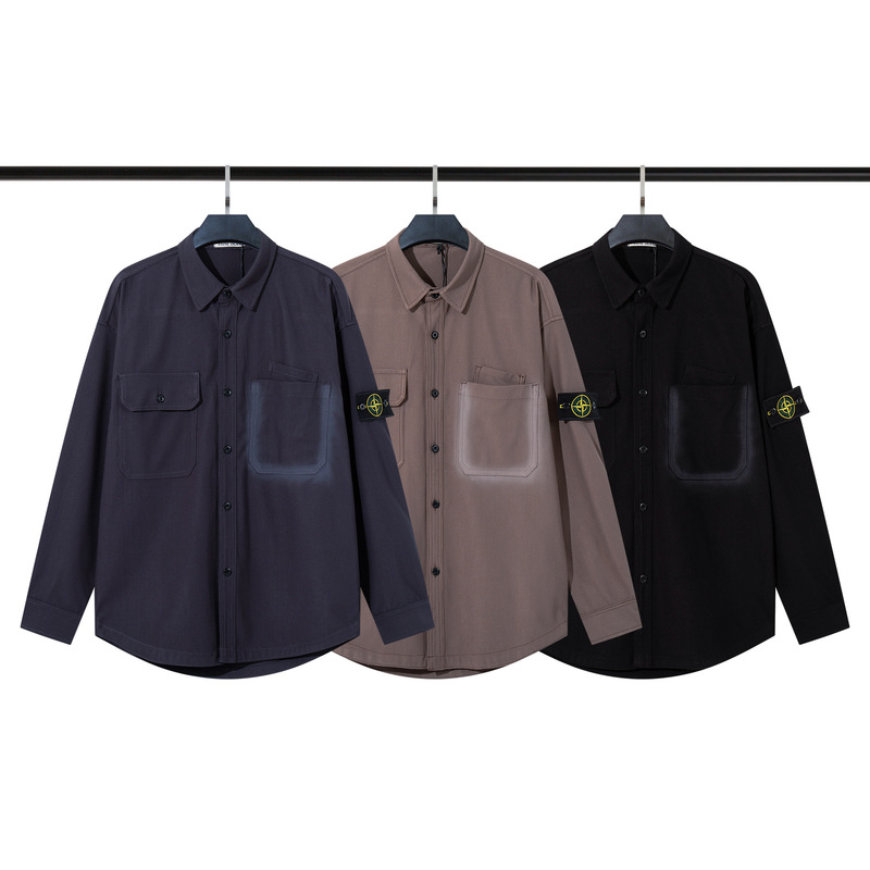 Cross-Border Stone Island Autumn and Winter Compass Embroider Logo Hidden Button Washed Spray Paint Corduroy Long-Sleeved Shirt