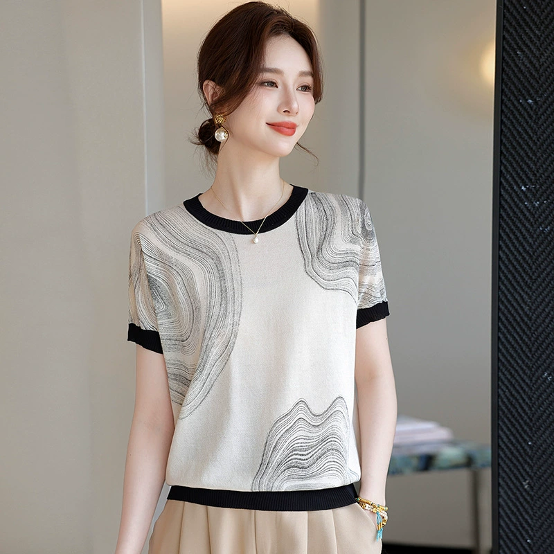 Мама Летнее платье День Матери Мода Шелковая футболка рубашка 2025 Новый средний и пожилой женский летний вязаный женский с короткими рукавами