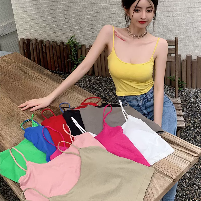 夏季纯色小吊带女少女外穿辣妹性感内搭短款上衣抹胸固定杯美背心