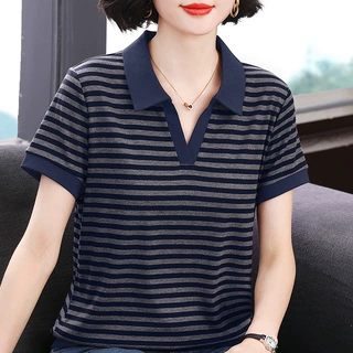 条纹翻领短袖T恤女夏季新款天丝宽松妈妈装洋气时尚上衣