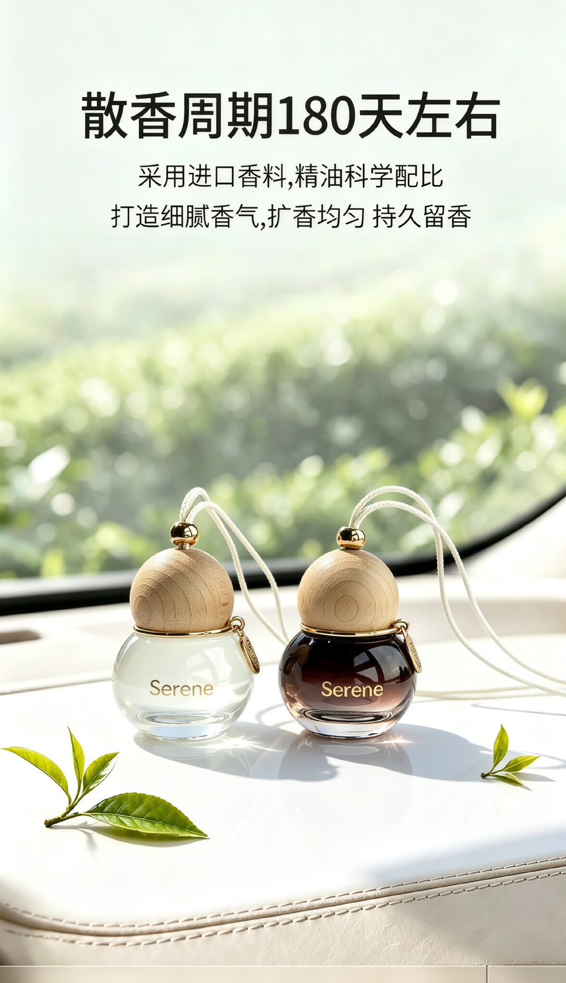 Car-mounted hanging diffuser bottle for essential oils, designed to be attached to the rearview mirror