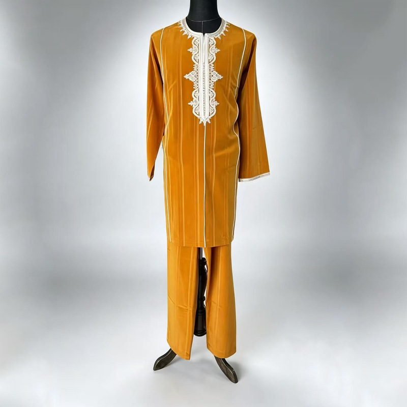 2026 African Hot-Selling Moroccan Ethnic Style Long-Sleeve Suit with Ribbon Trim Men's Robe