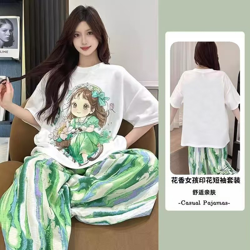 Pantalones a rayas de manga corta de dibujos animados dulces primavera y verano nuevos pijamas mujeres coreanas se pueden usar lindos trajes de verano para el hogar image 51
