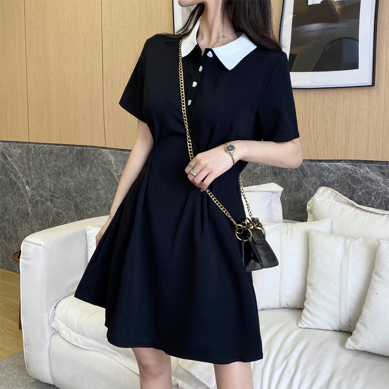 Petite Polo Collar Preppy Style Black Contrast Waist-Cinching Dress for Women 2023 Summer A-Line Skirt Little Black Dress Petite Polo Collar Preppy Style Black Contrast Waist-Cinching Dress for Women 2023 Summer A-Line Skirt Little Black Dress