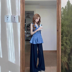 韓国スタイルのホルターネック V ネックノースリーブキャミソール女性の夏の新しいウエストデザイン気質チェック柄シャツトップ