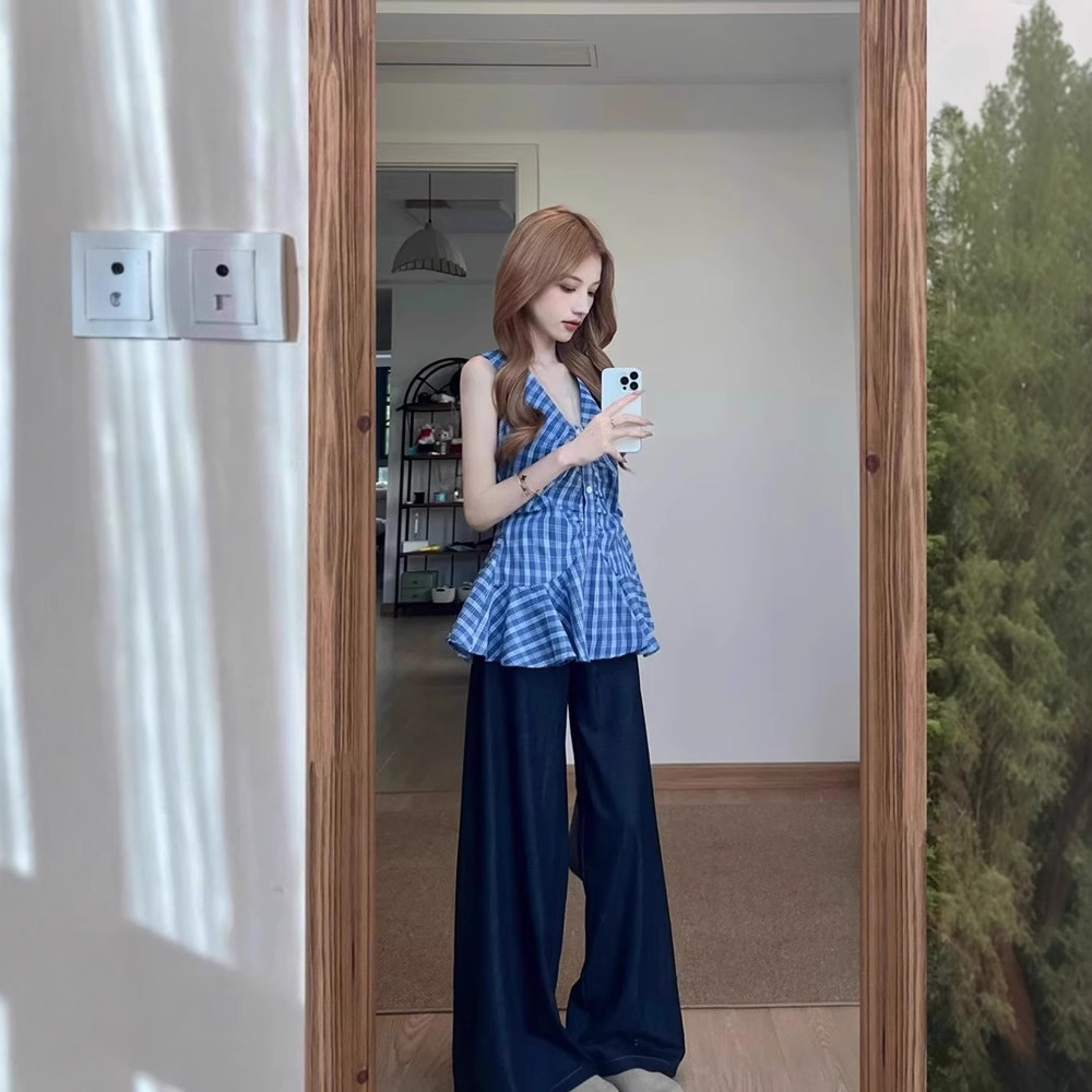 Korean Style Halter V-Neck Sleeveless Camisole Women's Summer New Waist Design Elegant Plaid Shirt Top