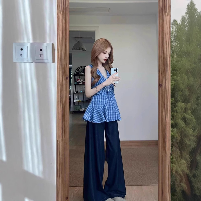 Korean Style Halter V-Neck Sleeveless Camisole Women's Summer New Waist Design Elegant Plaid Shirt Top