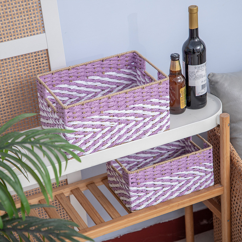 Tres botones beige almacenamiento de cuerda de papel de mano nuevo producto cuerda de papel púrpura almacenamiento de bocadillos libros juguetes cosméticos canasta de almacenamiento