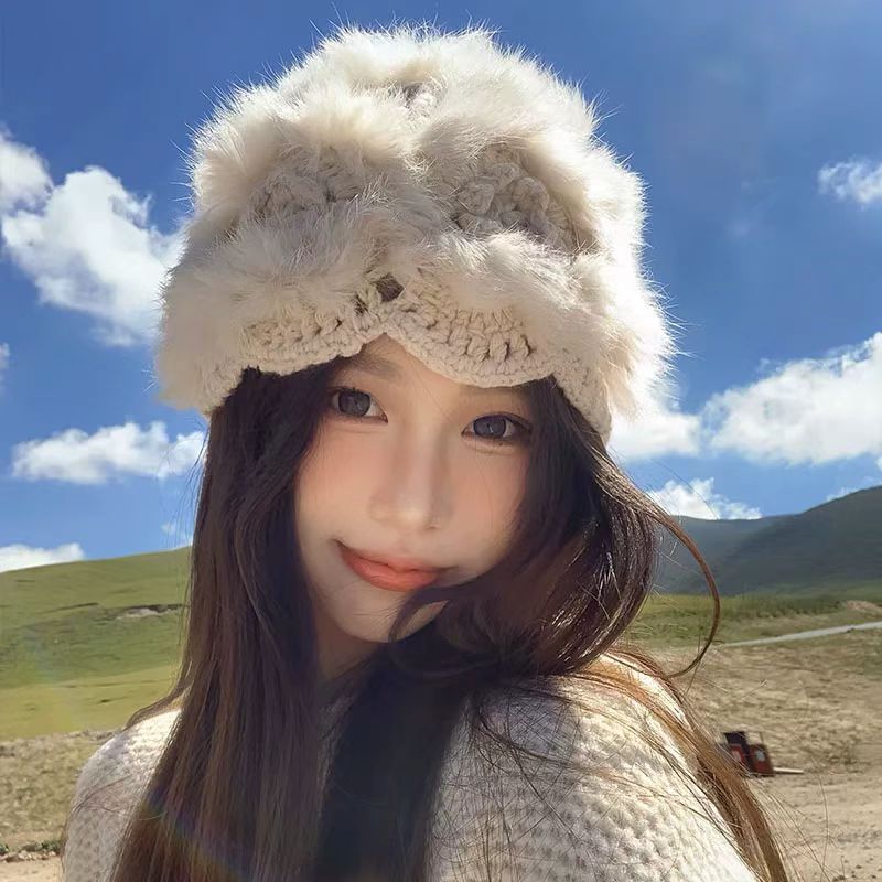 秋冬新款手工钩针兔毛绒毛线针织帽女韩版百搭包头帽保暖瓜皮帽潮