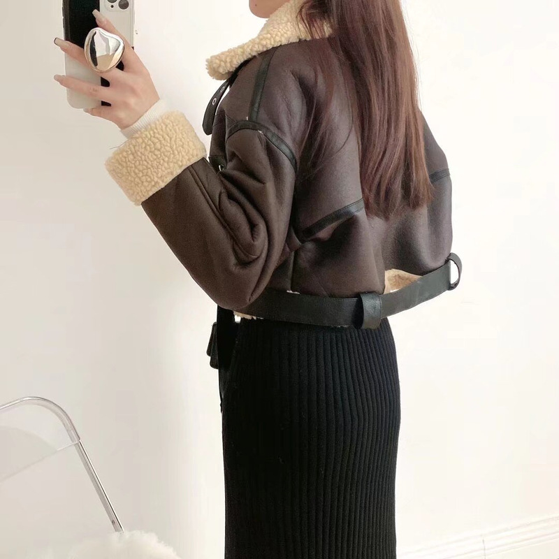 ラペルメイラードスタイル 2025 冬ショートラムウールジャケット女性のホットガールスタイル毛皮ワンピースオートバイジャケットトップ|undefined