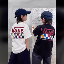 儿童短袖100%纯棉夏季男女童棋盘格休闲t恤宝宝宽松半袖姐弟装潮