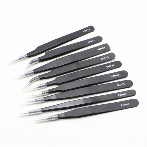 Stainless steel precision ESD tweezers 1.5mm black pointed elbow straight head bird's nest hair curler eyelashes anti-static