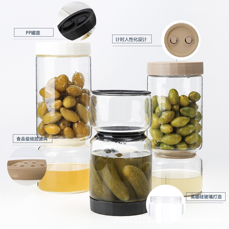 Pot de pepinado de vidrio de alto silicio de silicio con filtro, recipiente de pepinado con tapa a prueba de fugas, sello doméstico de latas de pepinado