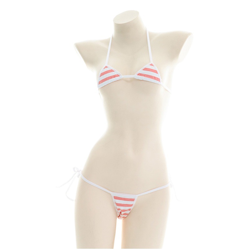 Sexy Bikini de tres puntos japonés clásico azul blanco rosa blanco pequeño triángulo algodón a rayas ropa interior con cordones B0257