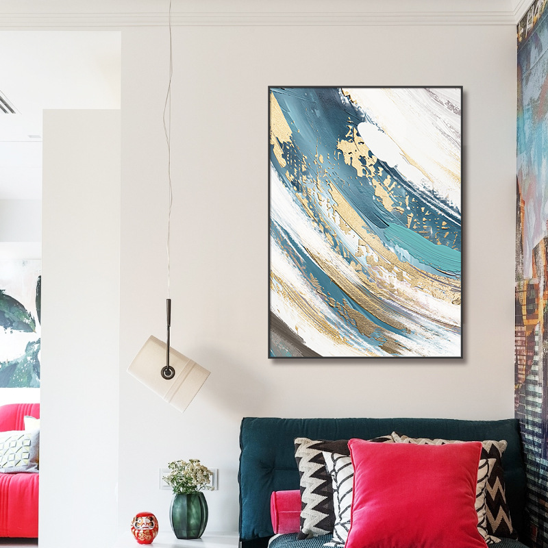 Estilo de pintura al óleo Sofá de sala de estar minimalista moderno Fondo de pared Pintura decorativa Lujo ligero Pintura abstracta de olas del mar Pintura colgante de dormitorio