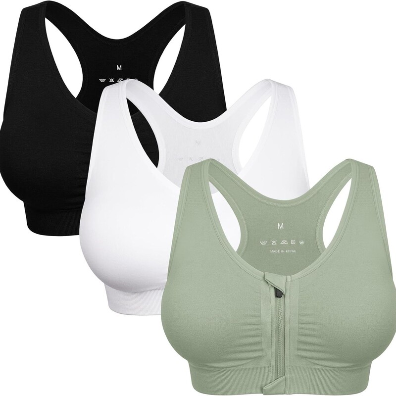 Women's Front Zipper Sports Bra Wireless Post-Surgery Bra Sports Yoga Sports Bra