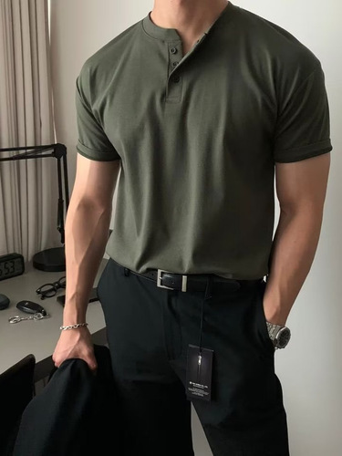 American heavy short-sleeved men's polo shirt mature stable tight cuffs fitness sports casual t-shirt summer Henry collar