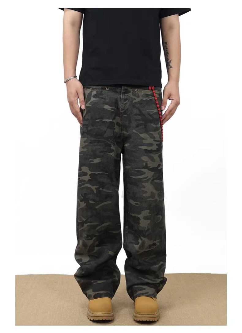Men's Clothing Unisex Camouflage Print Jeans Loose Straight Leg Wide Leg Washed Distressed Vintage American High Street Style Trendy Clothing_mkmklike.com