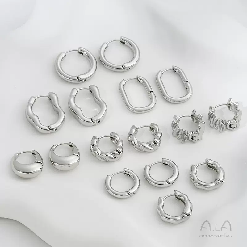 强保色镀真金白金色圆形麻花耳环熔岩异形耳扣感轻奢金属耳圈配件